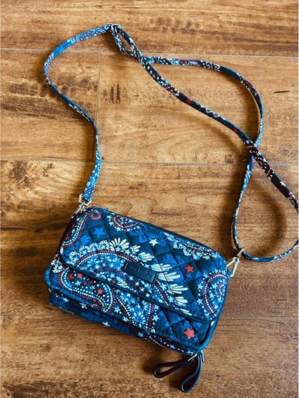 Vera Bradley Quilted Crossbody Wallet Bag Blue Paisley Print